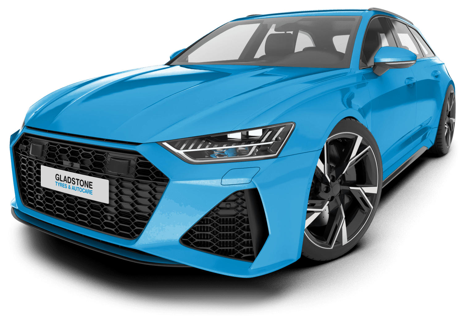 a blue estate car facing the camera in a three-quarter view