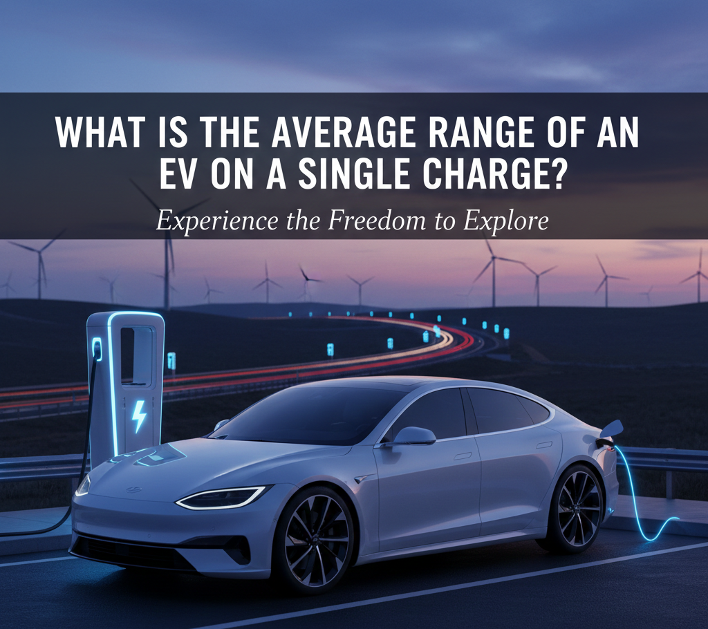A high-tech electric vehicle plugged into a charging port on a highway overlooking a field of wind turbines at dusk, featuring overlay text about EV driving range.