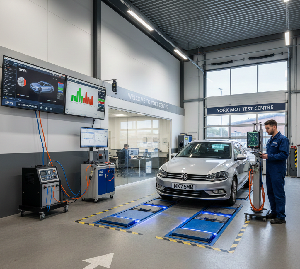 Modern MOT garage in York featuring an Automated Test Lane (ATL), digital diagnostic monitors for DVSA compliance, and computerized brake testing equipment.
