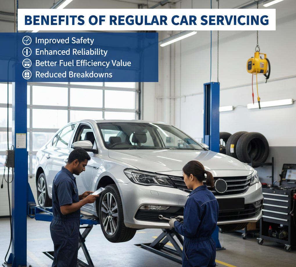 Two professional mechanics inspecting a silver car on a hydraulic lift in a modern garage, with a text overlay listing the benefits of regular car servicing like improved safety and fuel efficiency.