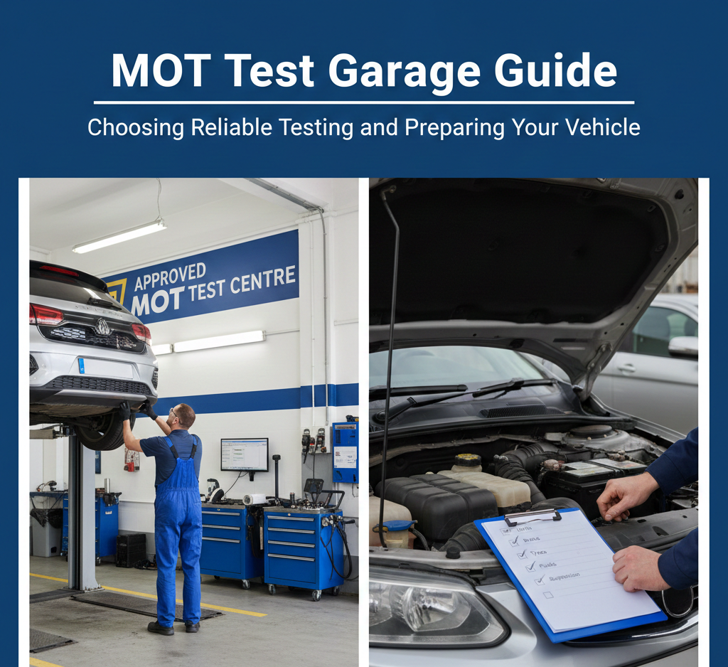 "A comprehensive MOT Test Garage Guide showing a certified mechanic inspecting a car on a lift in an Approved MOT Test Centre and a technician performing a pre-test vehicle maintenance checklist under the hood."