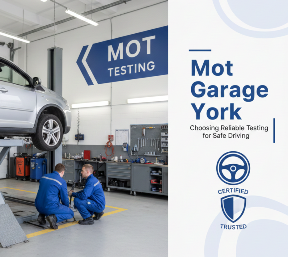 "Mot Garage York: A professional MOT testing station with certified mechanics inspecting a silver car on a hydraulic lift to ensure road safety."
