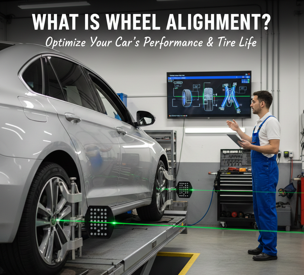 A professional mechanic in a modern auto shop performing a laser wheel alignment on a silver sedan. The car is positioned on a precision lift with sensor targets attached to the wheels, while a digital monitor in the background displays alignment data. Overlaid text reads, "WHAT IS WHEEL ALIGNMENT? Optimize Your Car’s Performance & Tire Life."