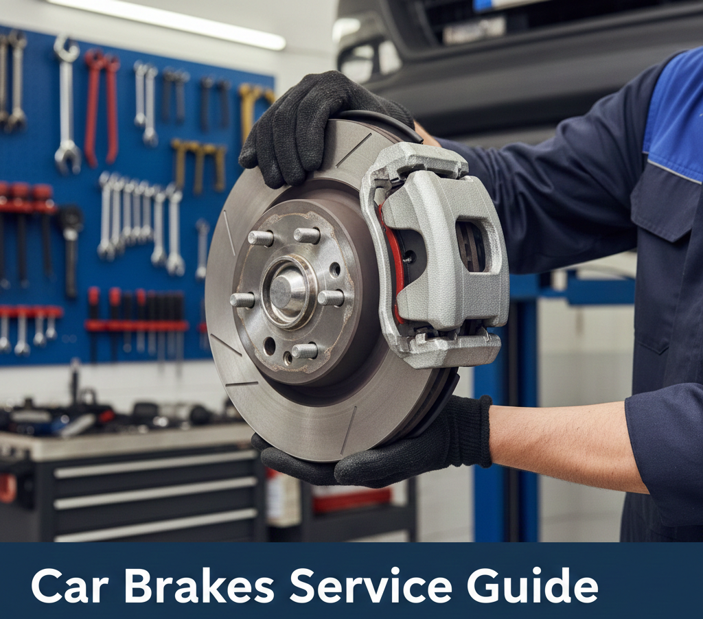 "Mechanic performing professional car brakes service on a disc brake rotor. Infographic title: Car Brakes Service Guide for maintaining vehicle safety and braking control."