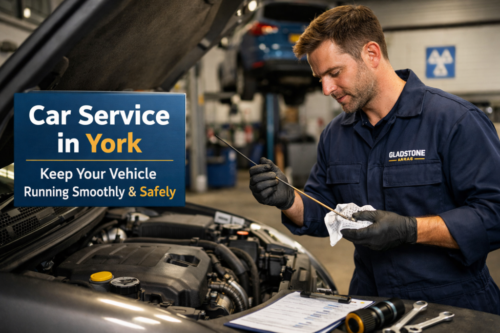 Car service in York by professional mechanic at Gladstone Garage inspecting engine oil for vehicle maintenance