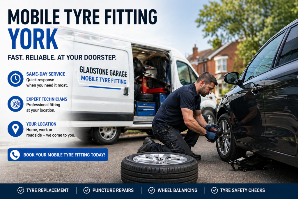 mobile tyre fitting in York service technician replacing car tyre at home