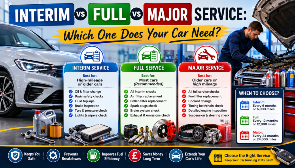 **Alt Text:** "Interim vs Full vs Major car service comparison infographic for UK drivers."