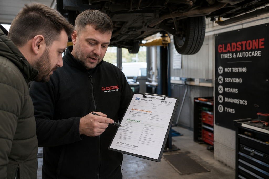 Mechanic explaining an MOT advisory report to a customer during a car MOT inspection in York