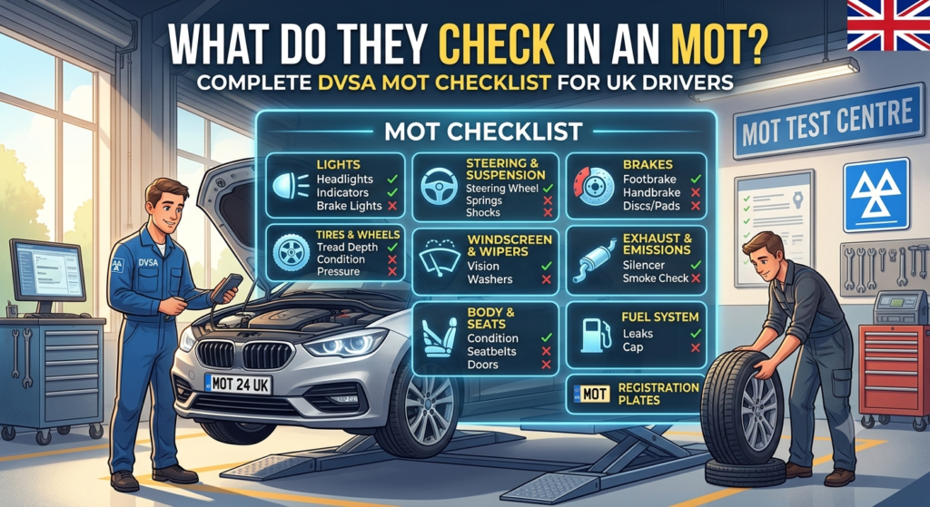 "An illustrated blog banner titled 'What Do They Check in an MOT?' featuring two mechanics inspecting a car in a garage with a digital DVSA MOT checklist overlay."