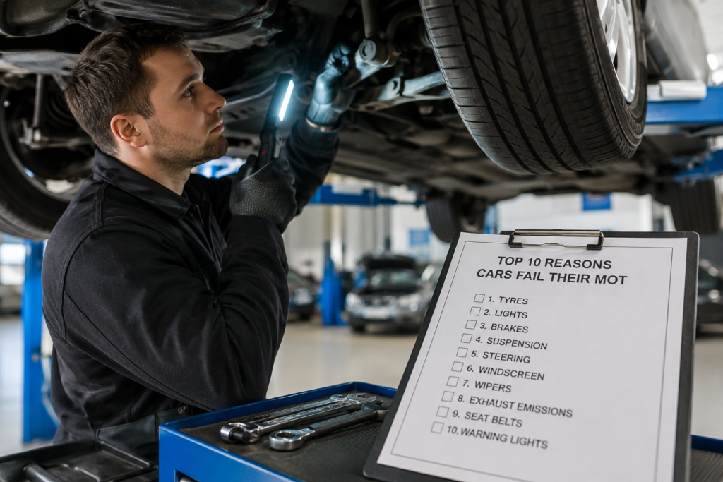 Mechanic inspecting the underside of a vehicle during an MOT inspection to identify common reasons cars fail their MOT.