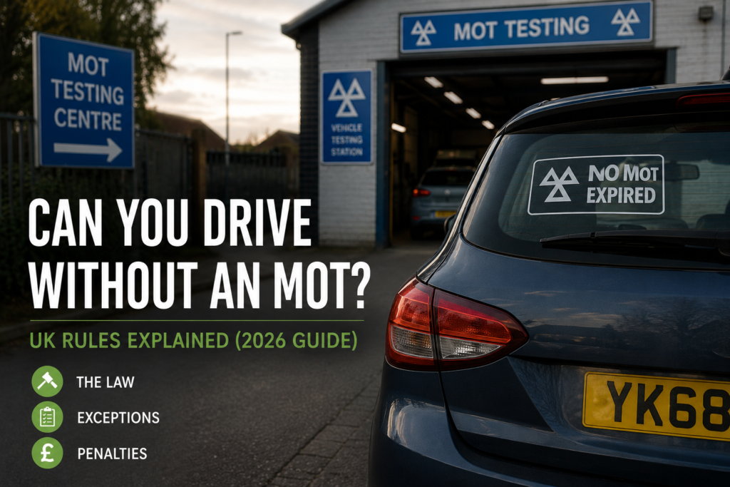 Car parked outside an MOT testing centre illustrating the UK rules on driving without a valid MOT certificate.