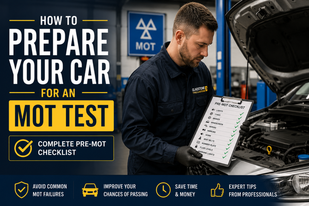 Mechanic inspecting a vehicle with a pre-MOT checklist while preparing a car for an MOT test in York.