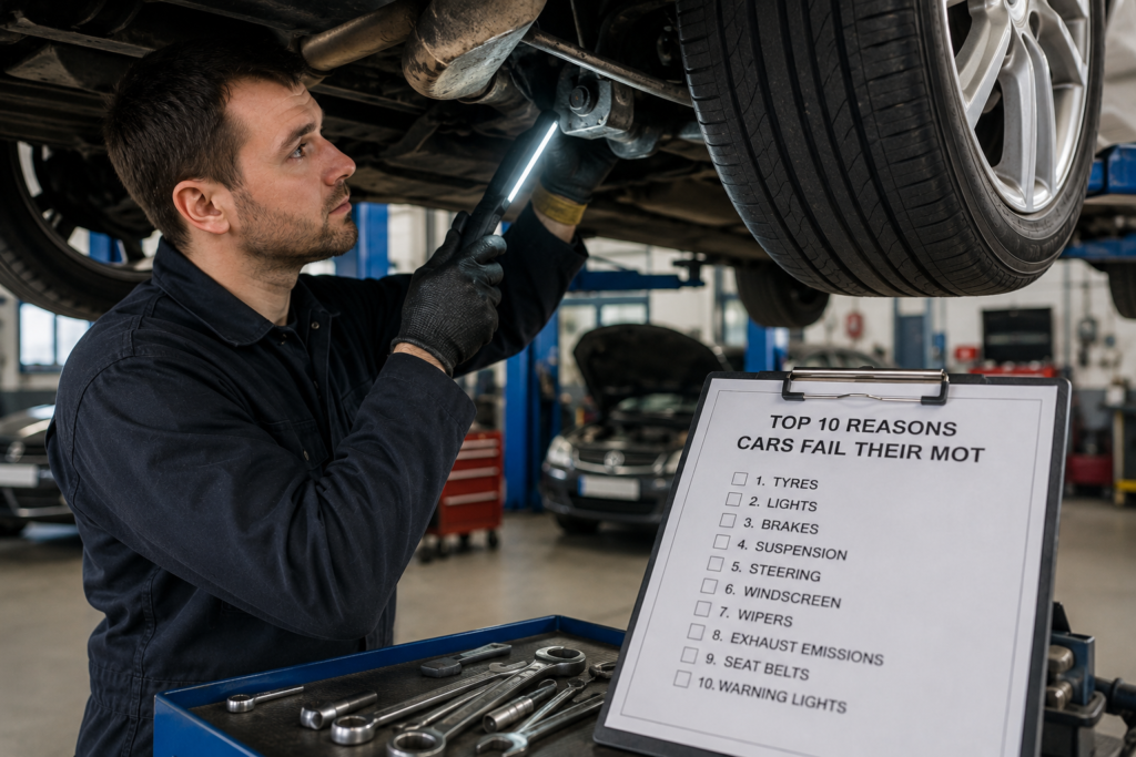 Mechanic inspecting the underside of a vehicle during an MOT inspection to identify common reasons cars fail their MOT.