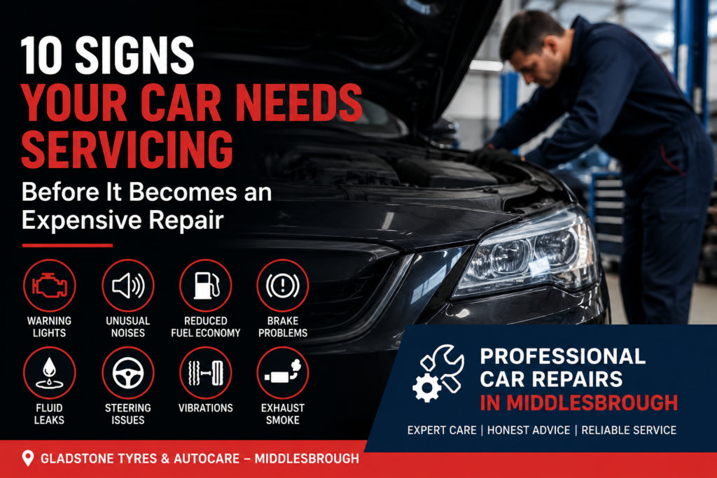 Mechanic inspecting a car in a professional garage to identify signs that a vehicle needs servicing before major repairs.