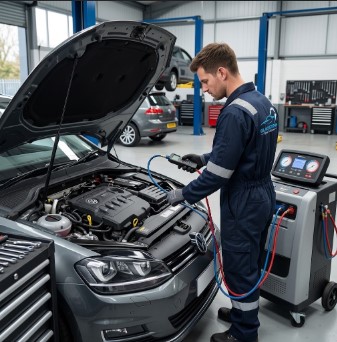 car AC blowing warm air Car air conditioning being checked at a garage