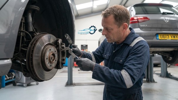 Mechanic inspecting car brakes in a garage in Middlesbrough