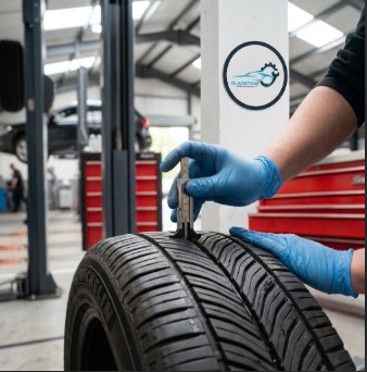 Tyre tread depth check on a car tyre in York