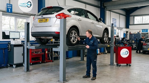 Car undergoing an MOT check at a garage in York