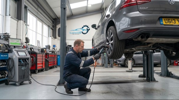 Mechanic checking a car vibrating issue at Gladstone Tyres & Autocare